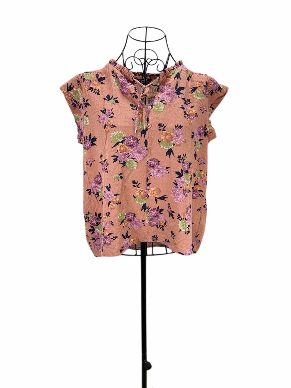 Buffalo David Bitton Floral Ruffle Tie Neck Blouse Small Boho